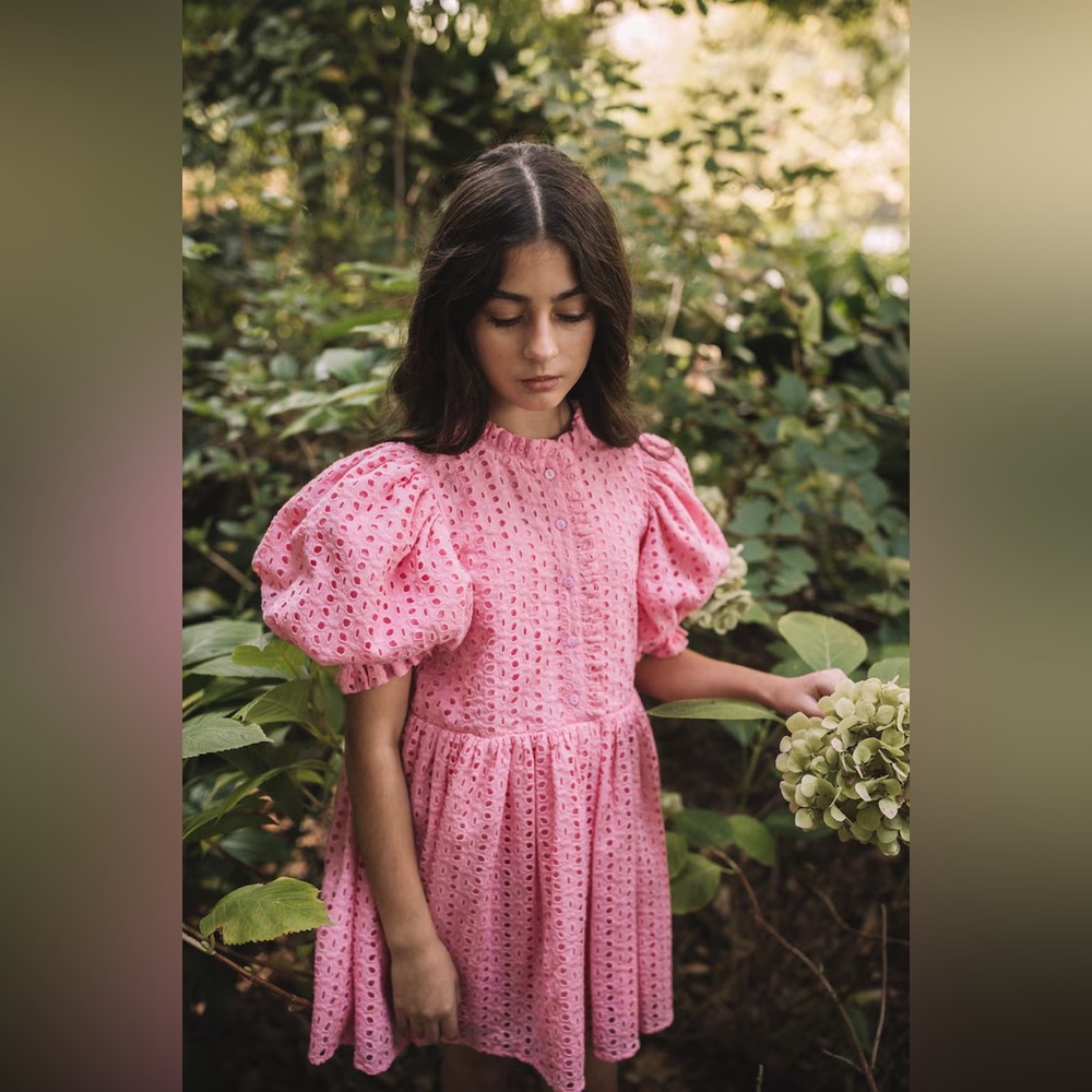 Petite Amalie Fuchsia Puff Sleeve Eyelet Dress